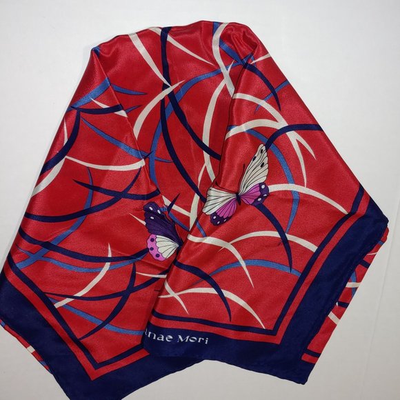 Hanae Mori Vintage Silk Butterfly Print Scarf Red Pink Blue - Picture 5 of 7